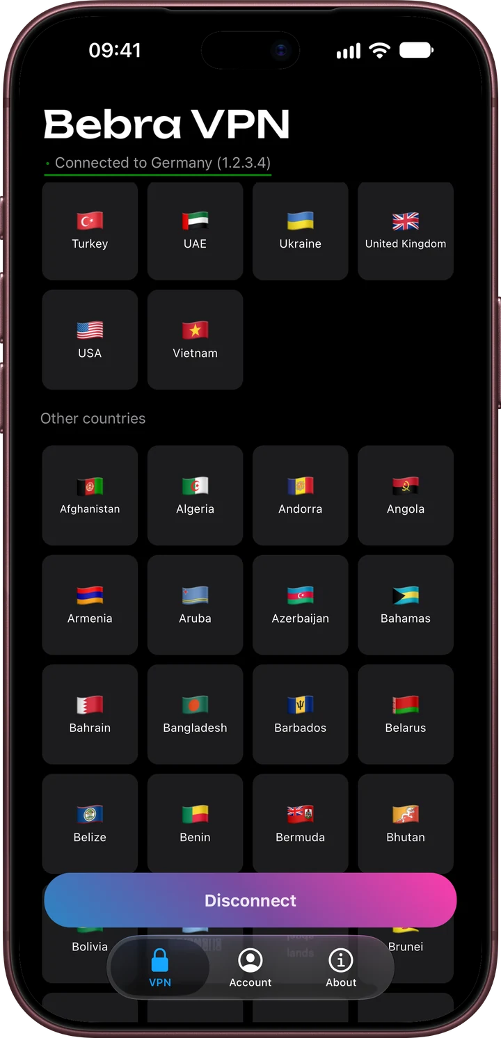 Bebra VPN on iPhone: the country grid and the Other countries section