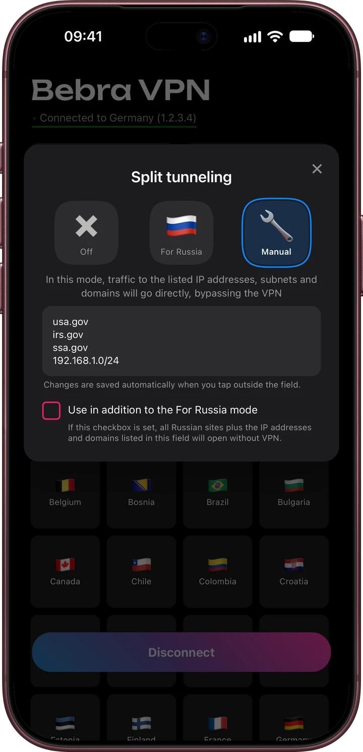 Split tunneling in Bebra VPN on iPhone, Manual mode with a list of sites that bypass the VPN