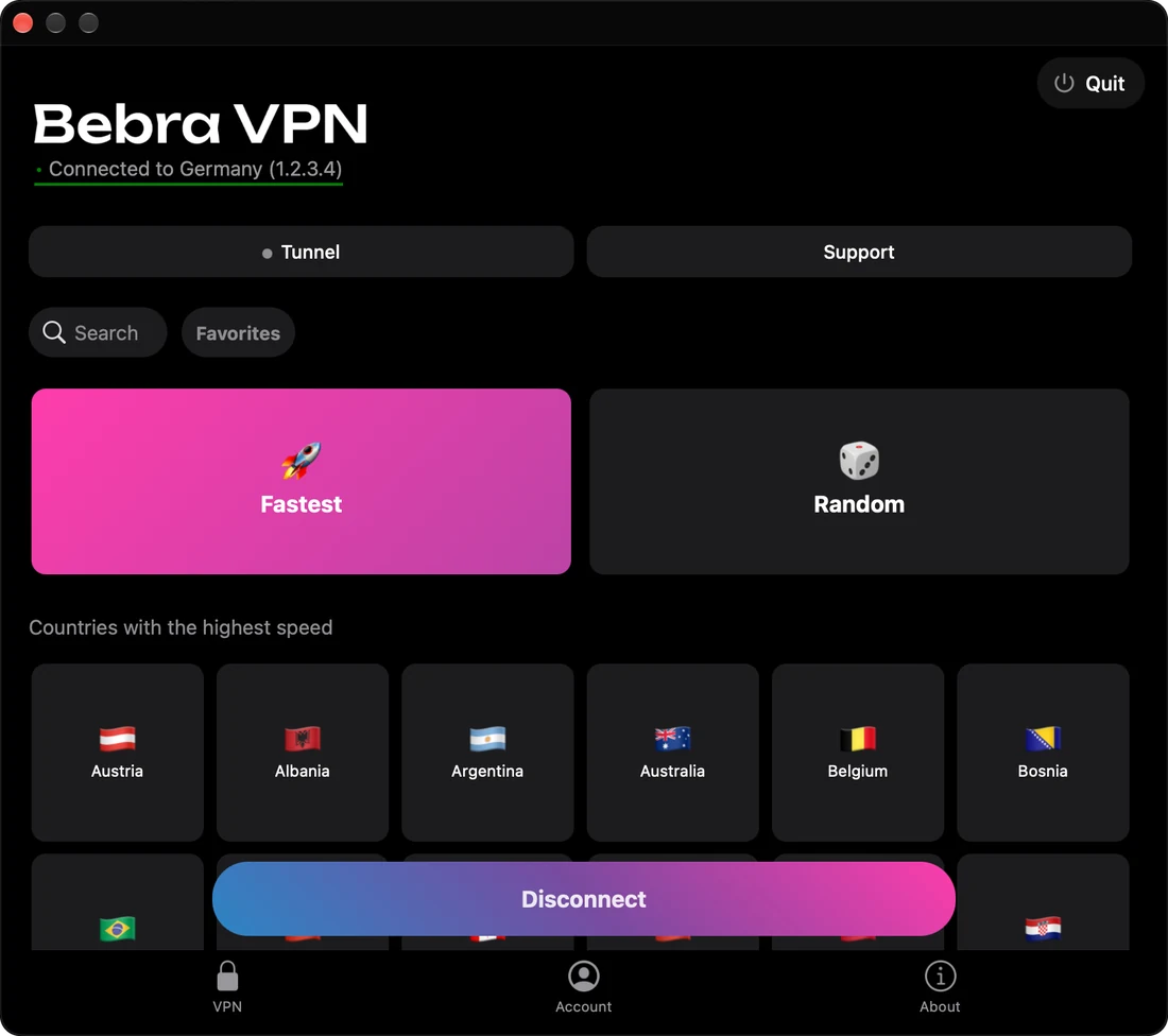 Bebra VPN on a Mac, connected to Germany, with the grid of countries below